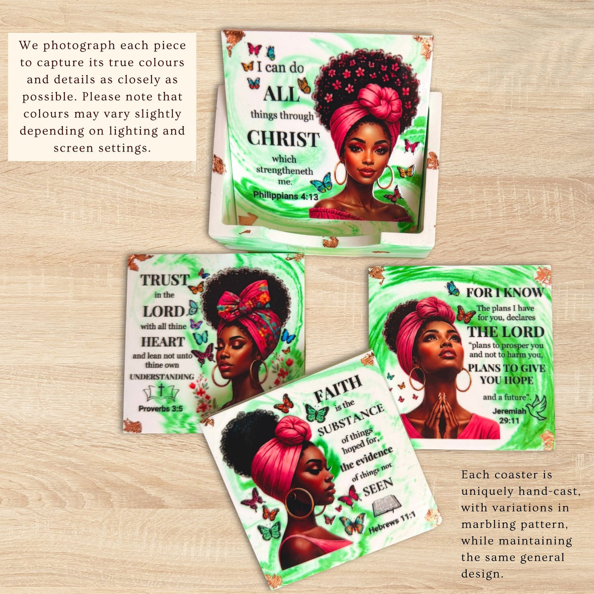 Close-up of green eco-ceramic Bible verse coaster showing illustrated artwork