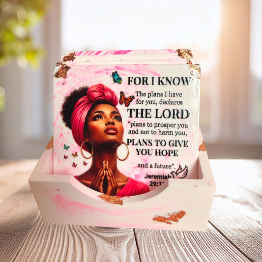 Set of four handmade pink Bible verse coasters featuring portraits of Black women