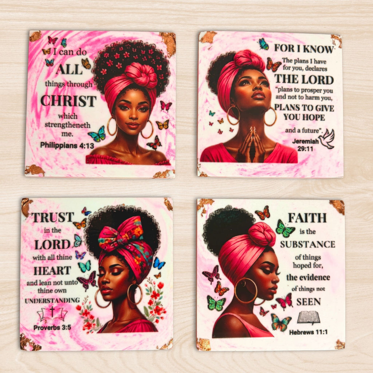 Set of four handmade pink Bible verse coasters featuring portraits of Black women
