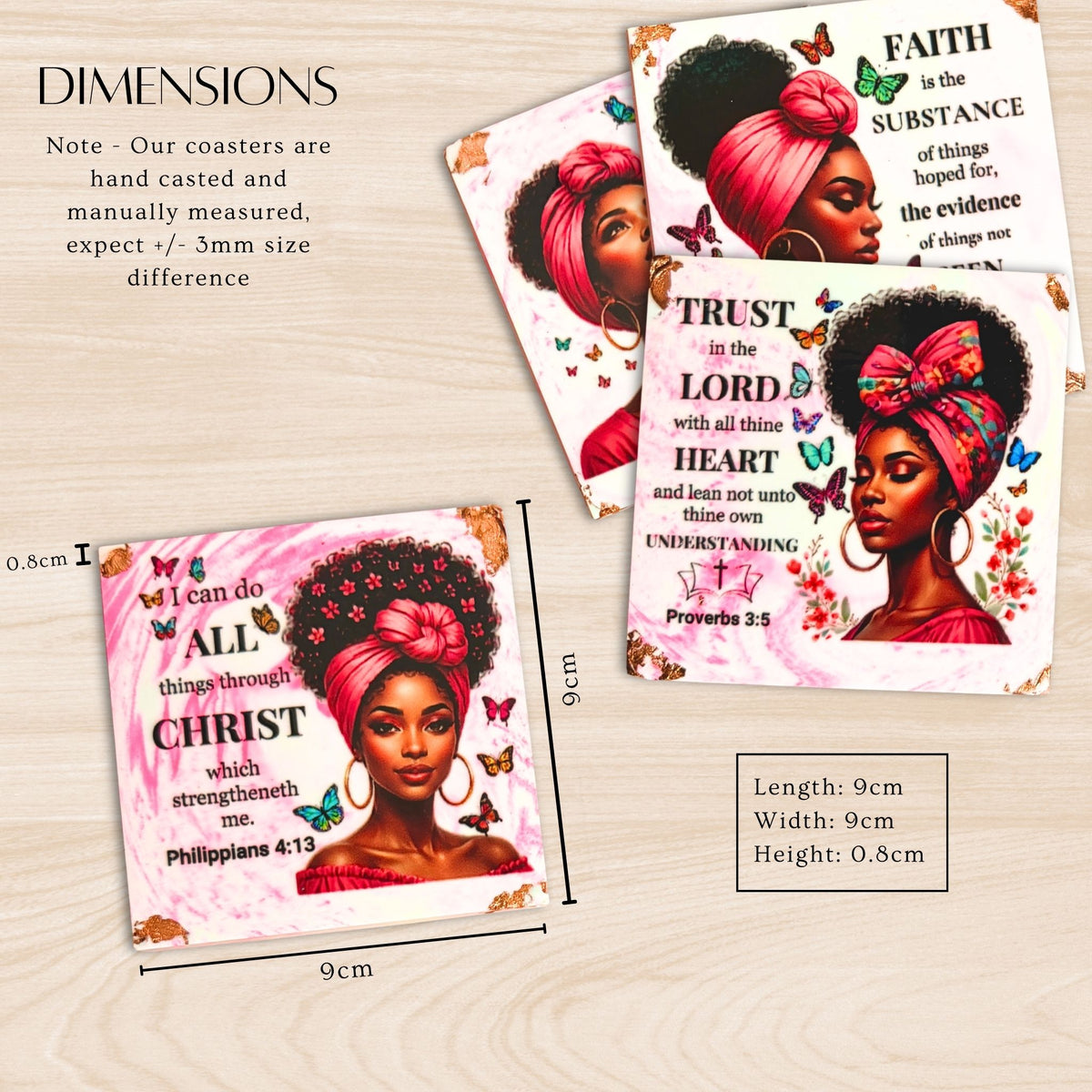 Set of four handmade pink Bible verse coasters featuring portraits of Black women, with dimensions of 9 × 9 × 0.8 cm.