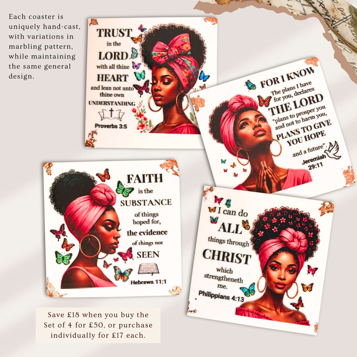Bible Verse Portrait Coasters - White | Handmade Eco-Ceramic