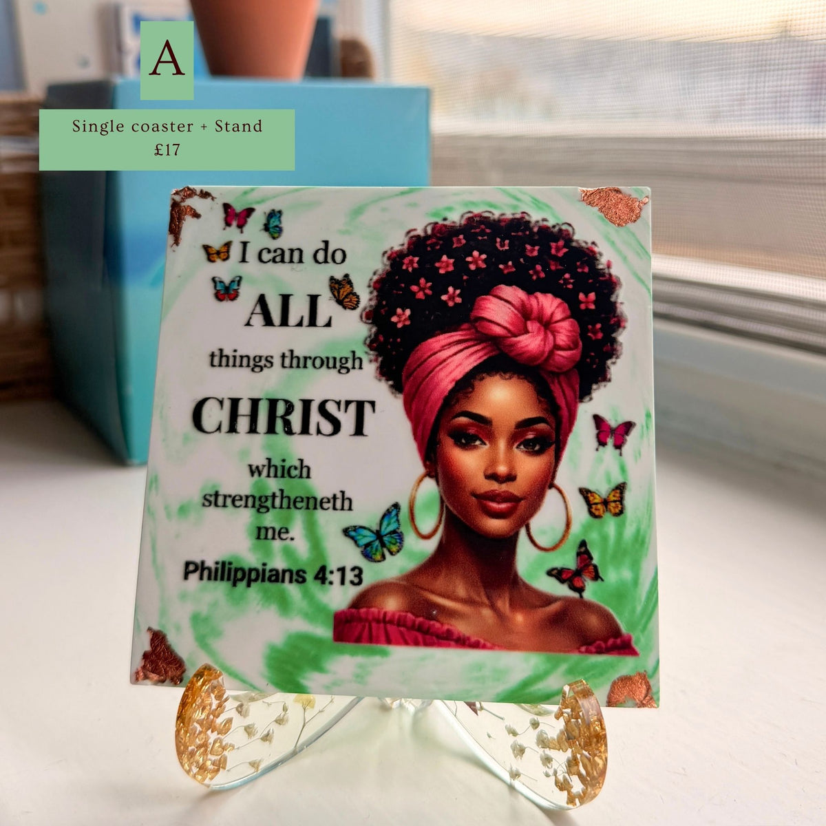 Handmade green Bible verse coaster featuring a portrait of a Black woman and Philippians 4:13