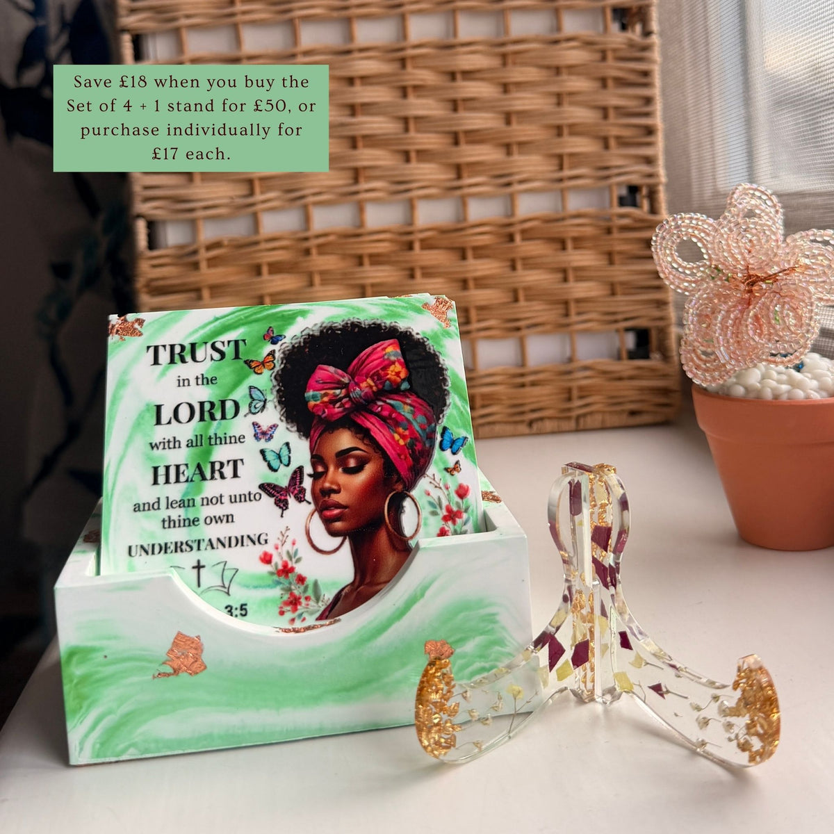 Green Bible verse portrait coaster displayed in its case with stand