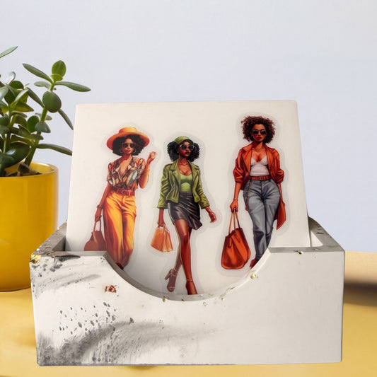 Set of four handmade Executive Women coasters featuring fashion illustrations of stylish Black women in colourful outfits on white and grey marble-effect backgrounds.