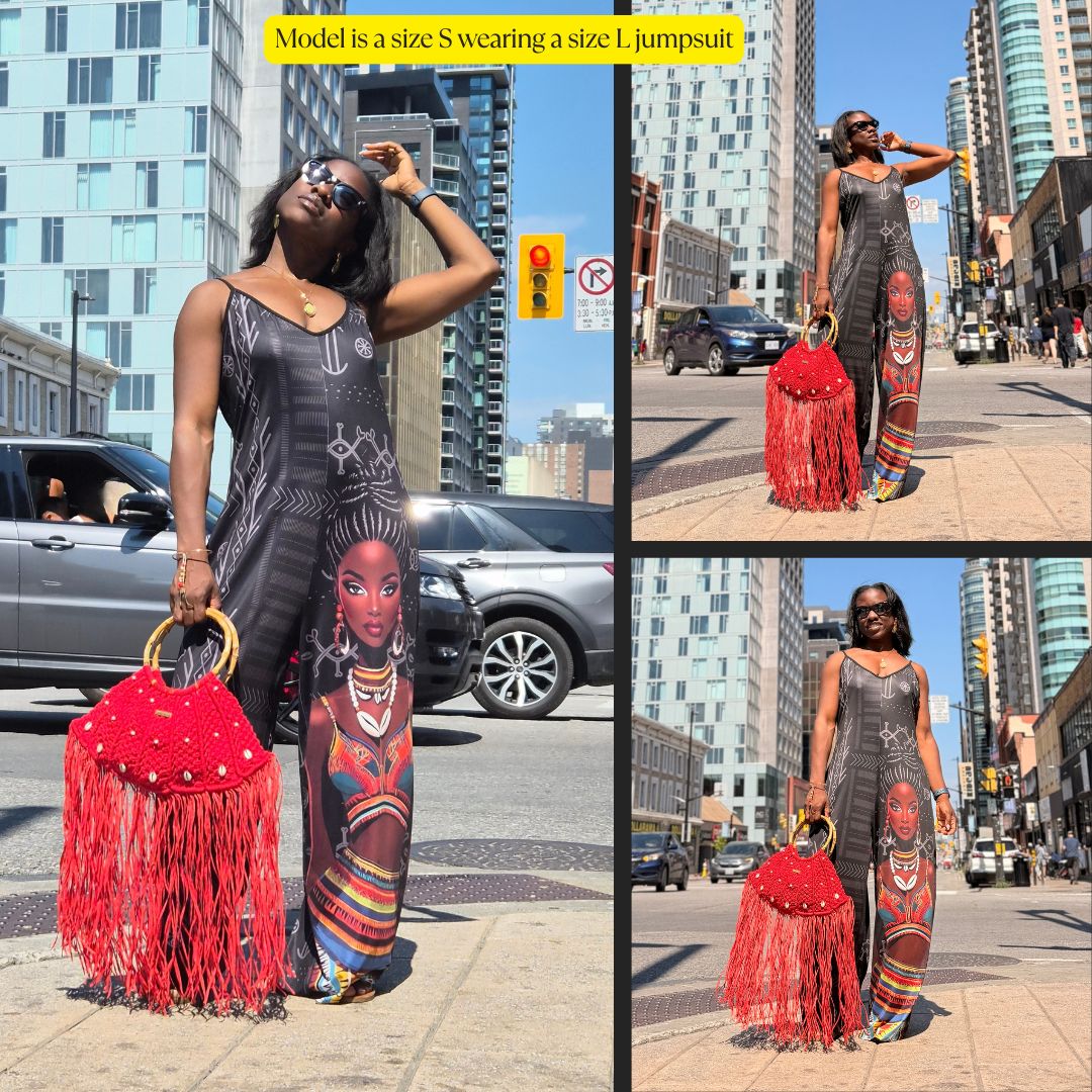 A three-panel lifestyle collage showing a woman modeling a sleeveless jumpsuit with a colorful African-inspired print and a large red fringe handbag with gold-tone rings. The background is an urban city street with buildings and cars.