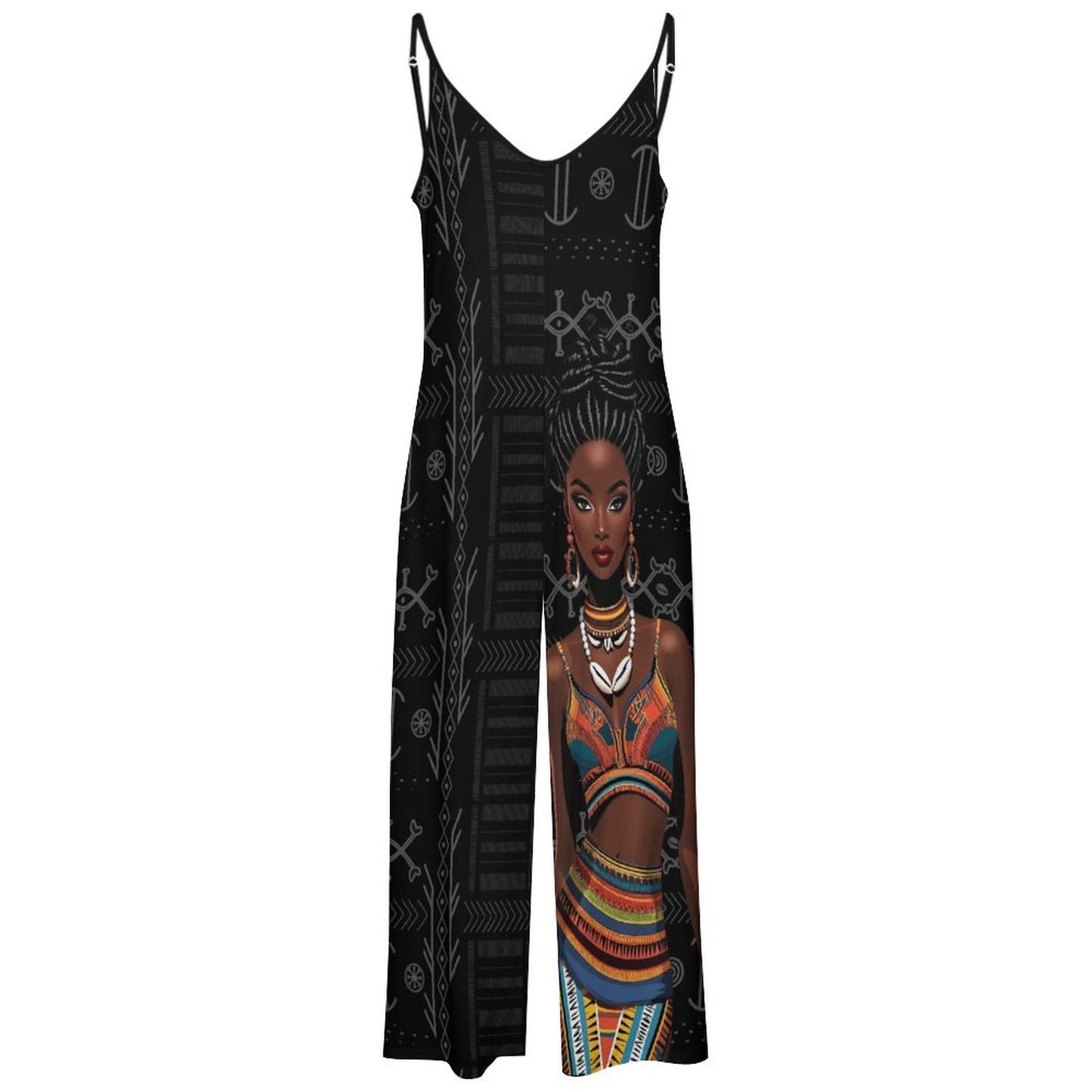 Black slip jumpsuit with a colourful graphic of a woman on a white background