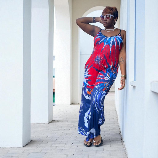 Red and Blue Tie and Dye Suspender Jumpsuit