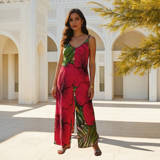 Queen Vee Red Hibiscus Floral Suspender Jumpsuit