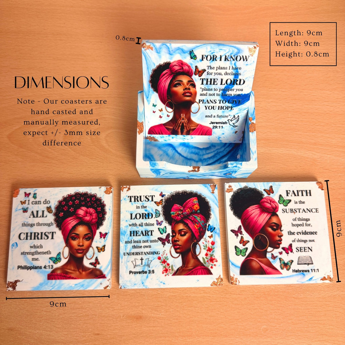 Close-up of blue eco-ceramic coaster showing illustrated artwork and dimensions