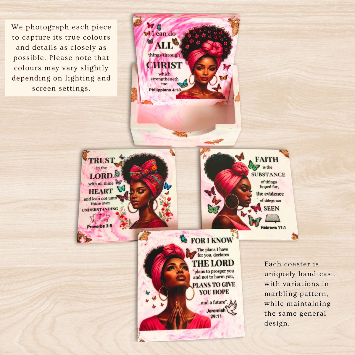Close-up of pink eco-ceramic coaster showing illustrated artwork 