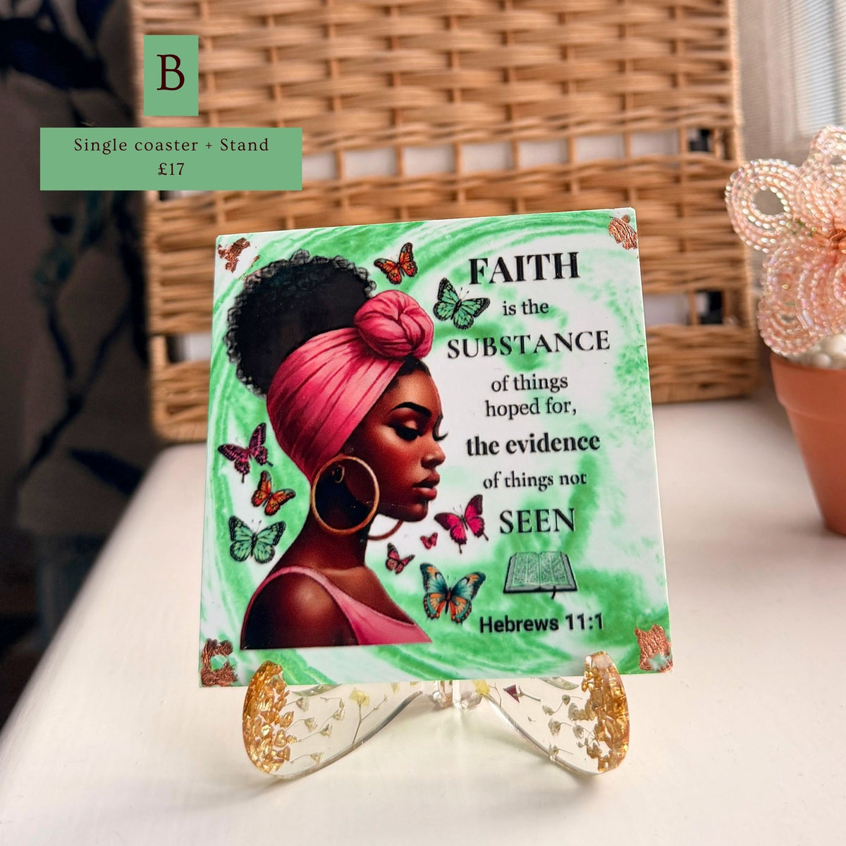 Handmade green Bible verse coaster featuring a portrait of a Black woman and Hebrews 11:1, version B