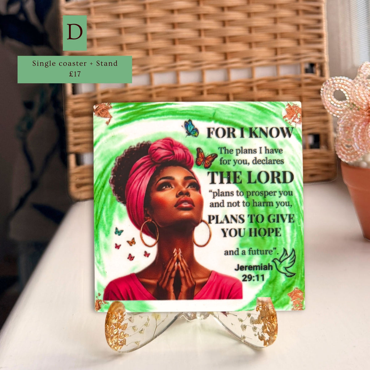 Handmade green Bible verse coaster featuring a portrait of a Black woman and Jeremiah, version D