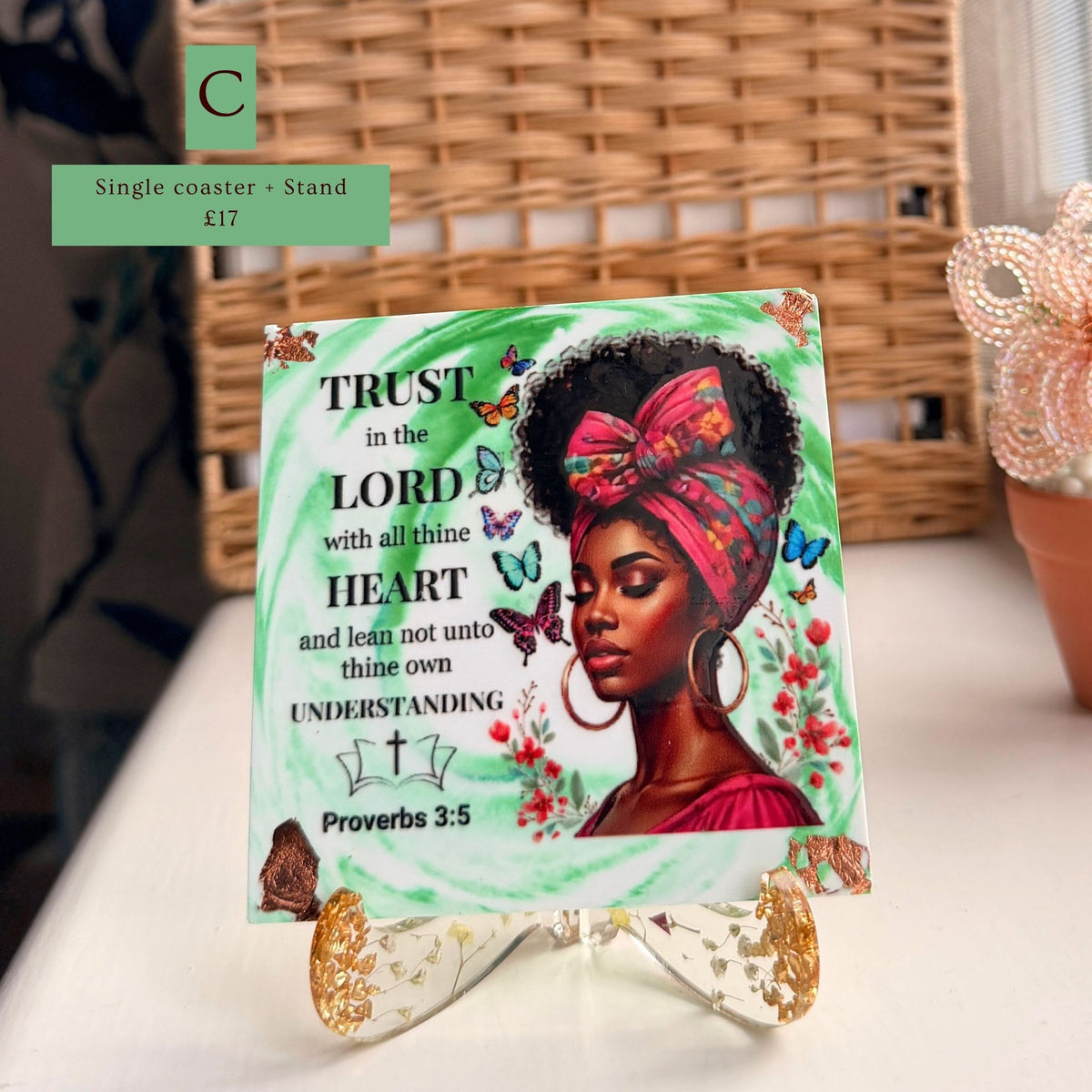 Handmade green Bible verse coaster featuring a portrait of a Black woman and Proverbs 3:5 version C