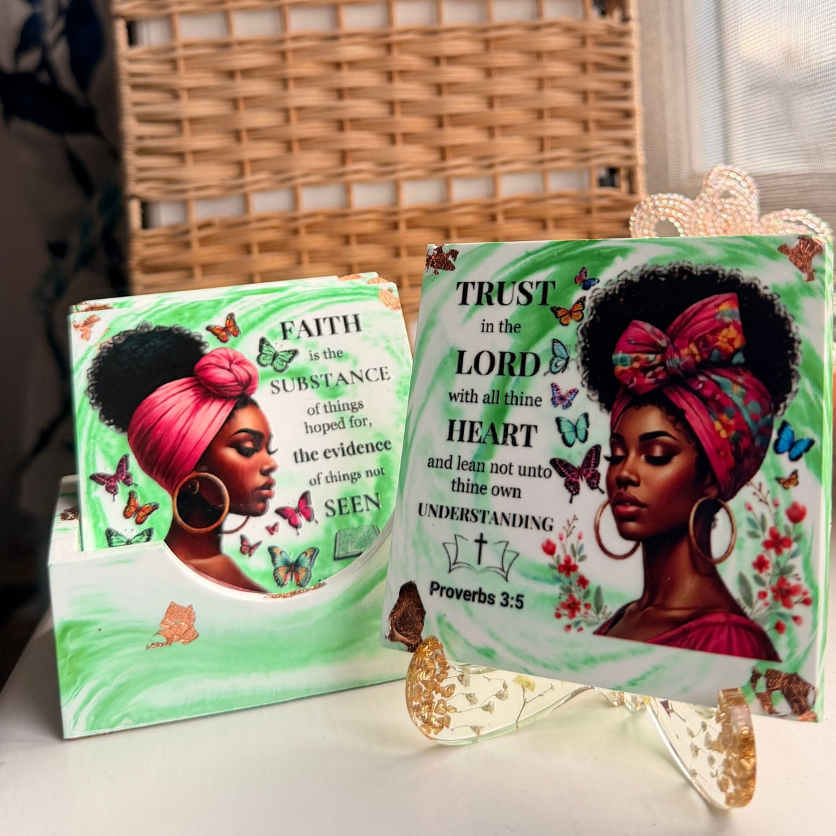 Handmade green Bible verse coaster set of four with presentation case