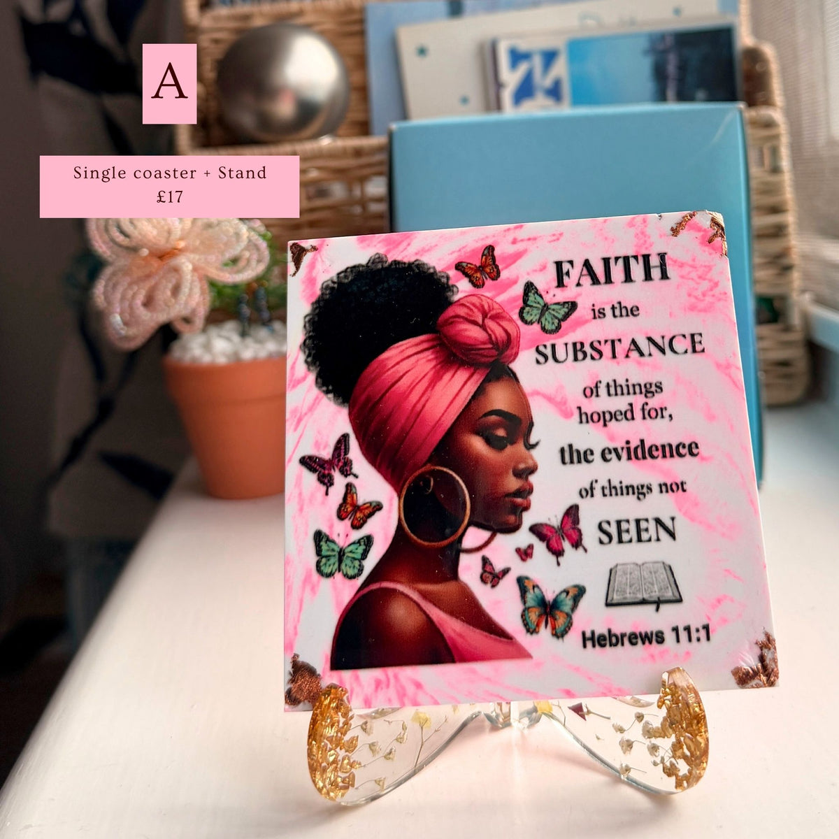 Handmade pink Bible verse coaster featuring a portrait of a Black woman and Hebrews 11:1, Version A