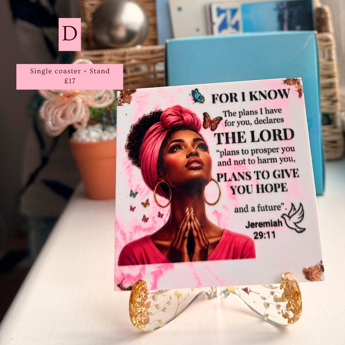 Handmade pink Bible verse coaster featuring a portrait of a Black woman and Jeremiah 29:11, Version D