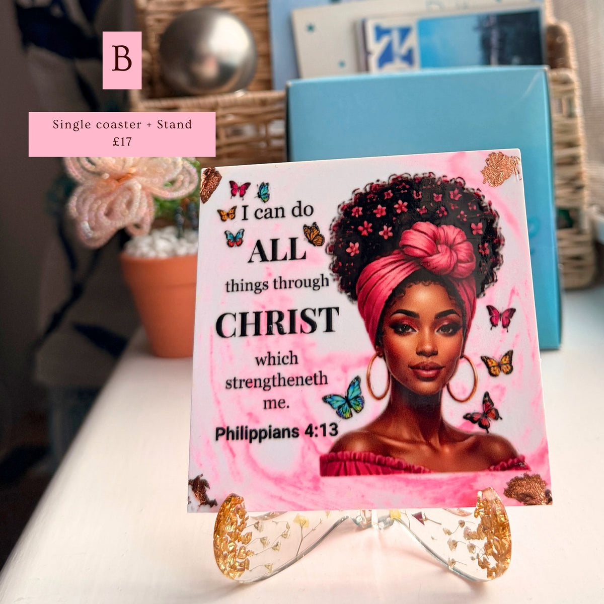 Handmade pink Bible verse coaster featuring a portrait of a Black woman and Philippians 4:13, Version B