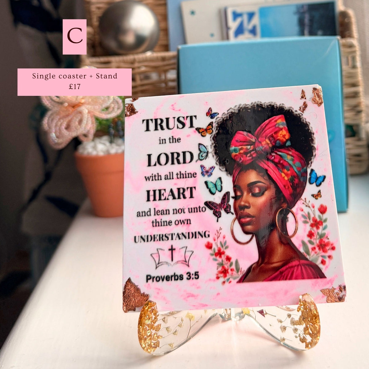 Handmade pink Bible verse coaster featuring a portrait of a Black woman and Proverbs 3:5, Version C
