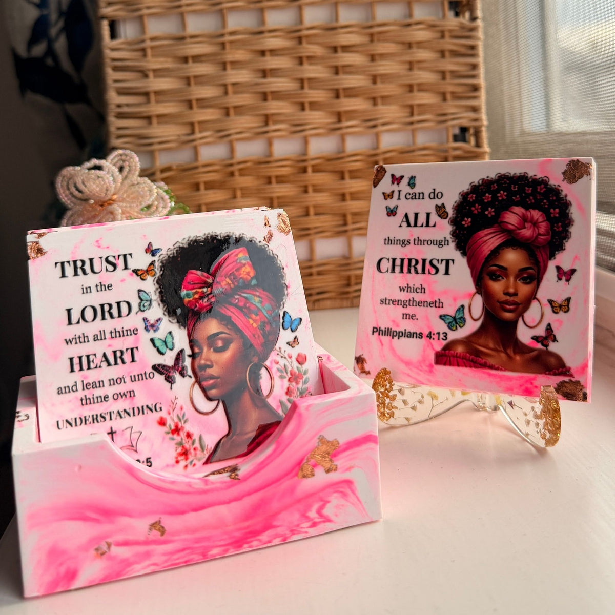 Pink Bible verse portrait coaster displayed in its case and stand