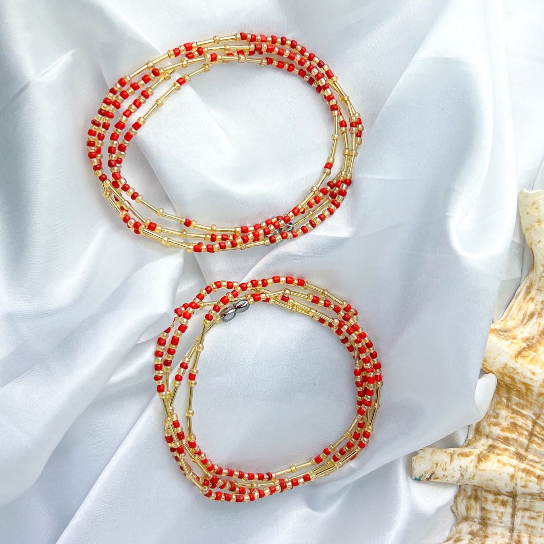Coral Red and Gold Waist Bead