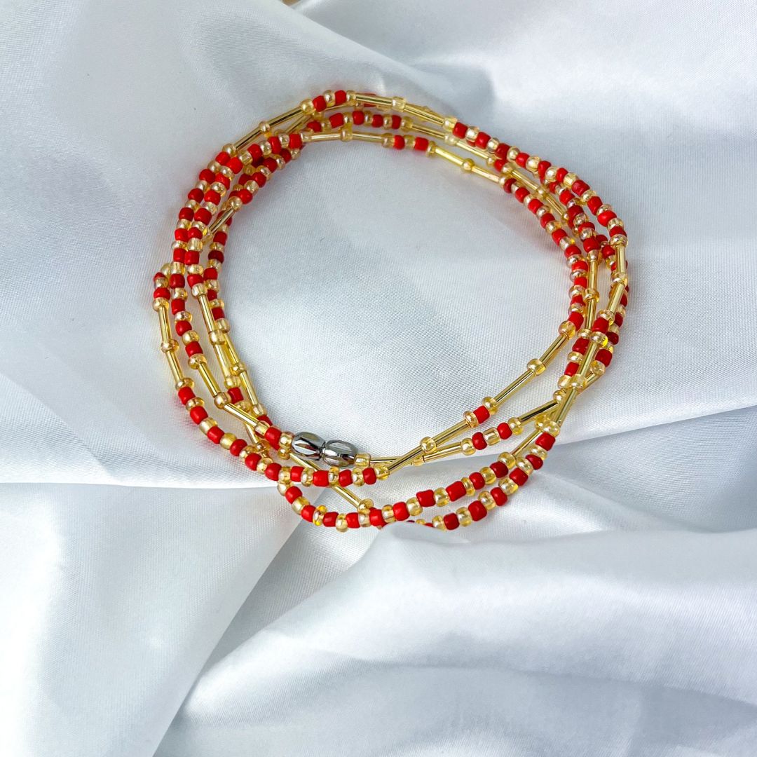 Coral Red and Gold Waist Bead