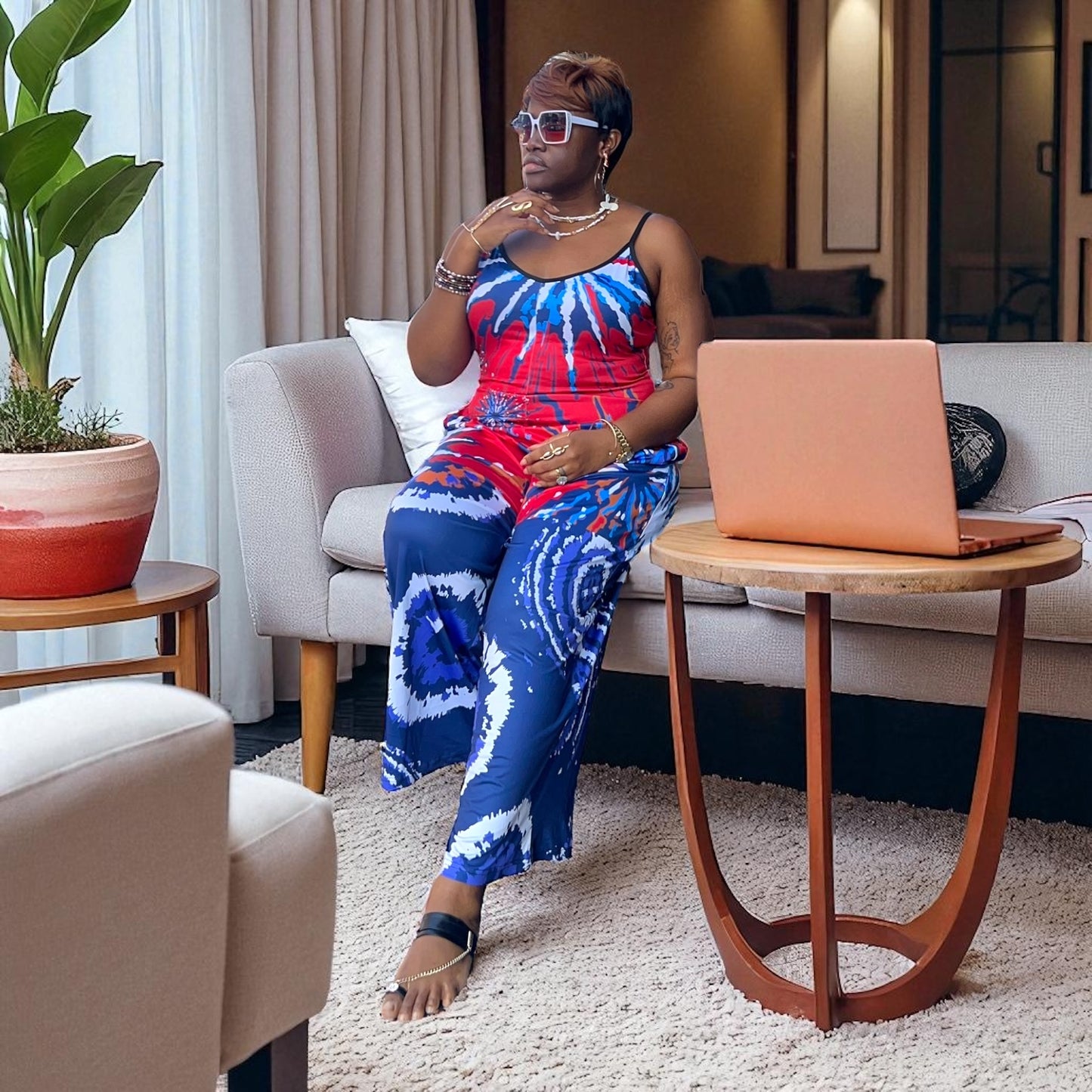 Red and Blue Tie and Dye Suspender Jumpsuit