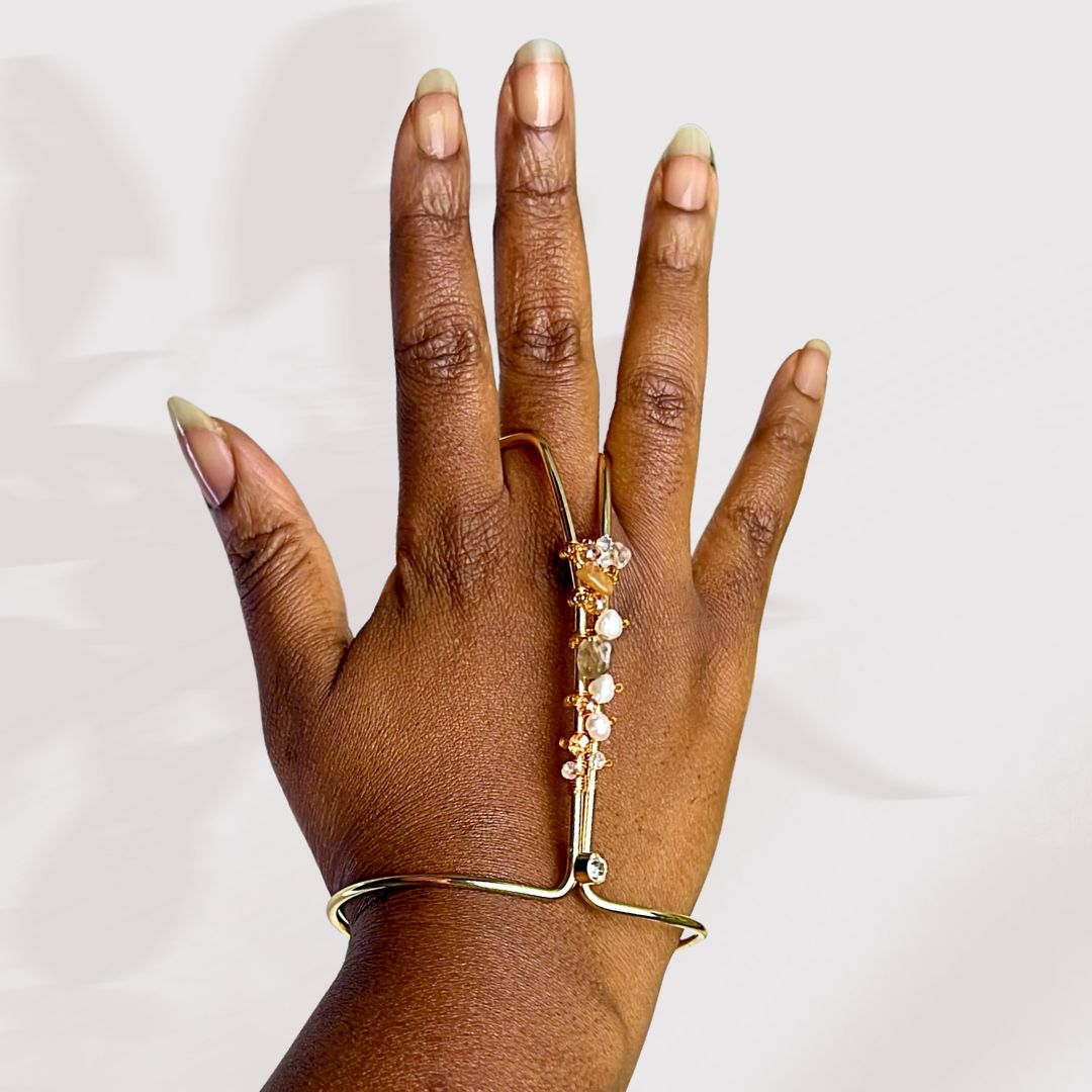 Rose and Freshwater Pearl Gold Thumb Ring Bracelet Cuff- Limited Edition