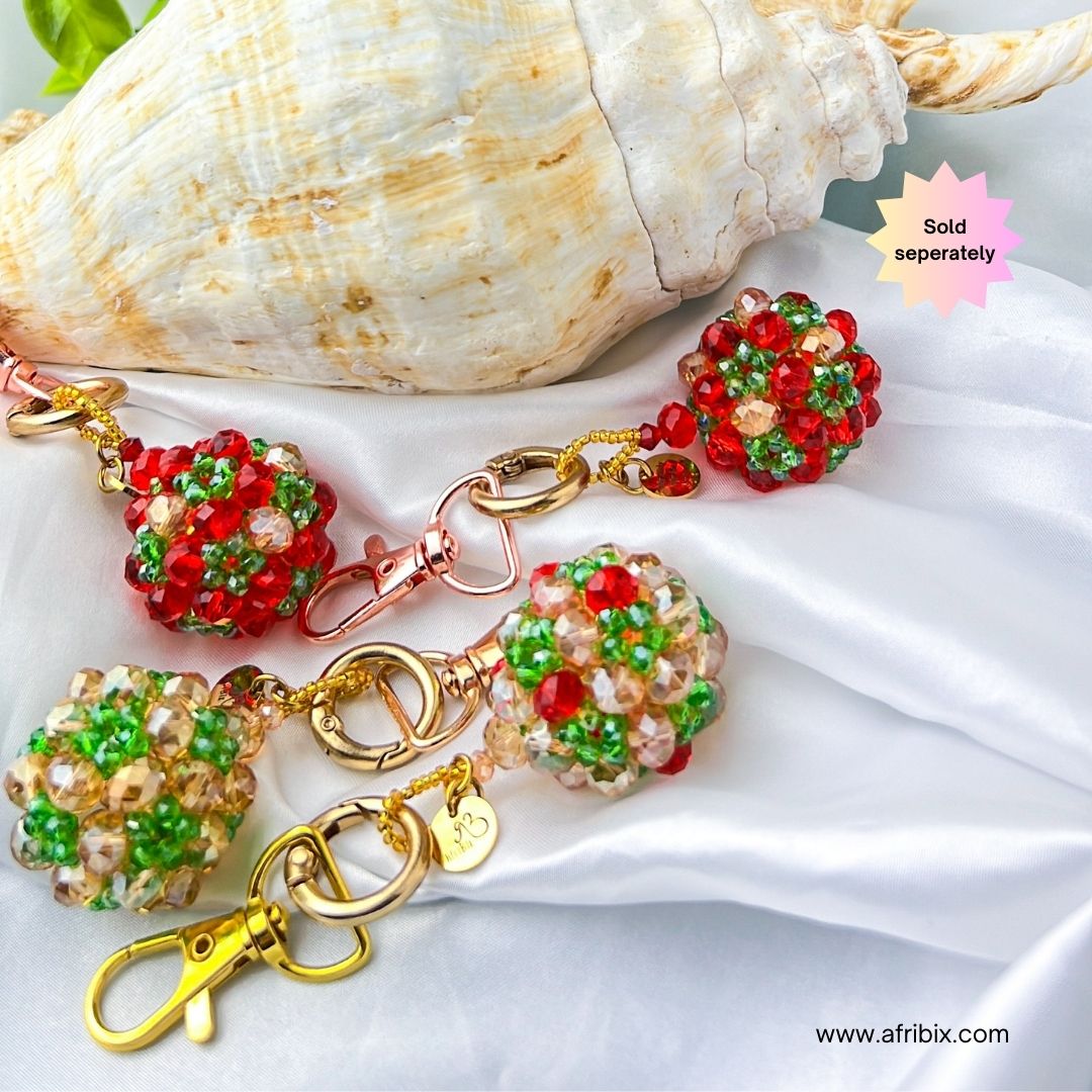 Gold, Red and Green Crystal Ball Round Bag Charm, Purse Charm, Women's Bag Essentials