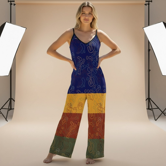 AfriBix Squigly Print Colour Block Suspender Jumpsuit