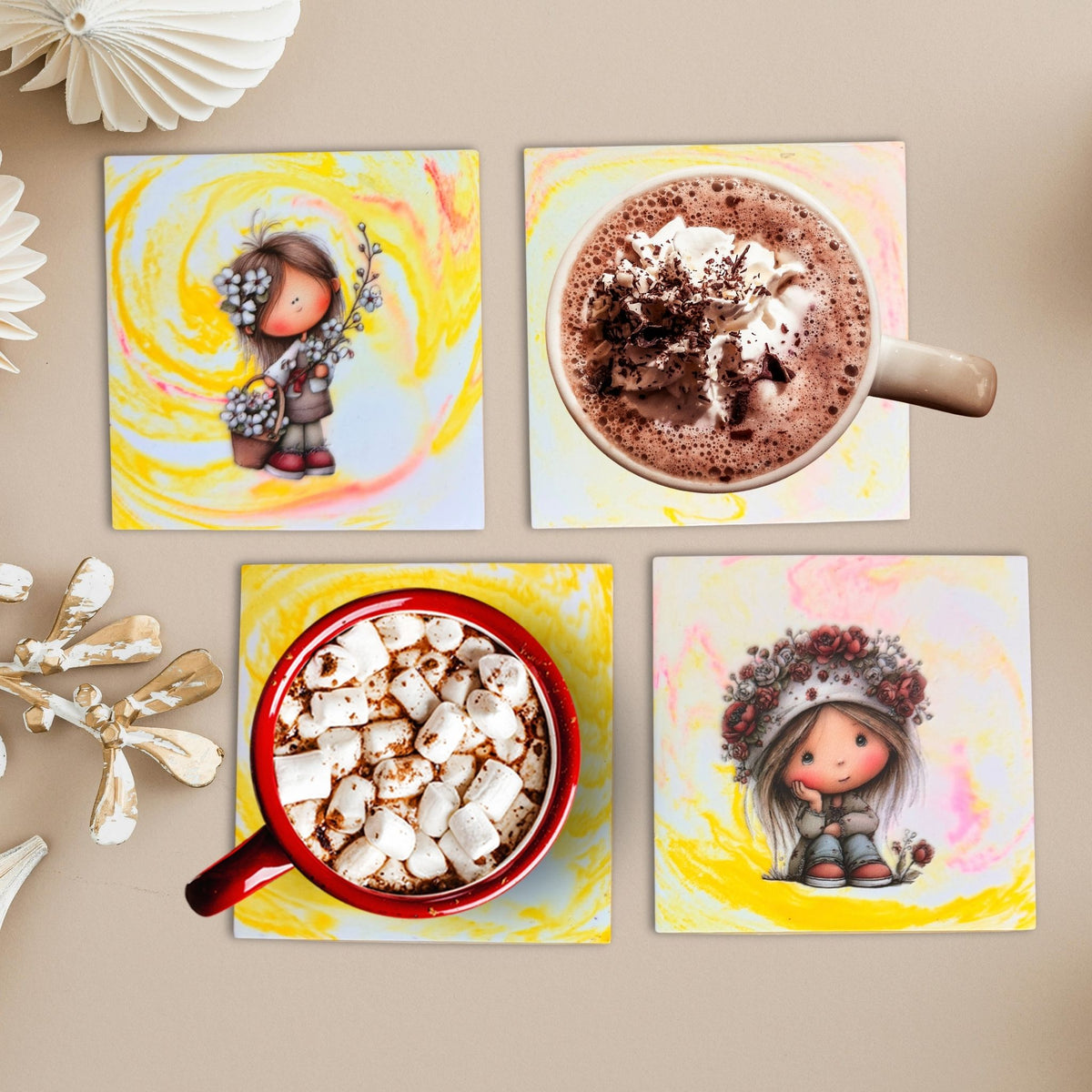 Little Moments handmade coaster set featuring illustrations of little girls and flowers.
