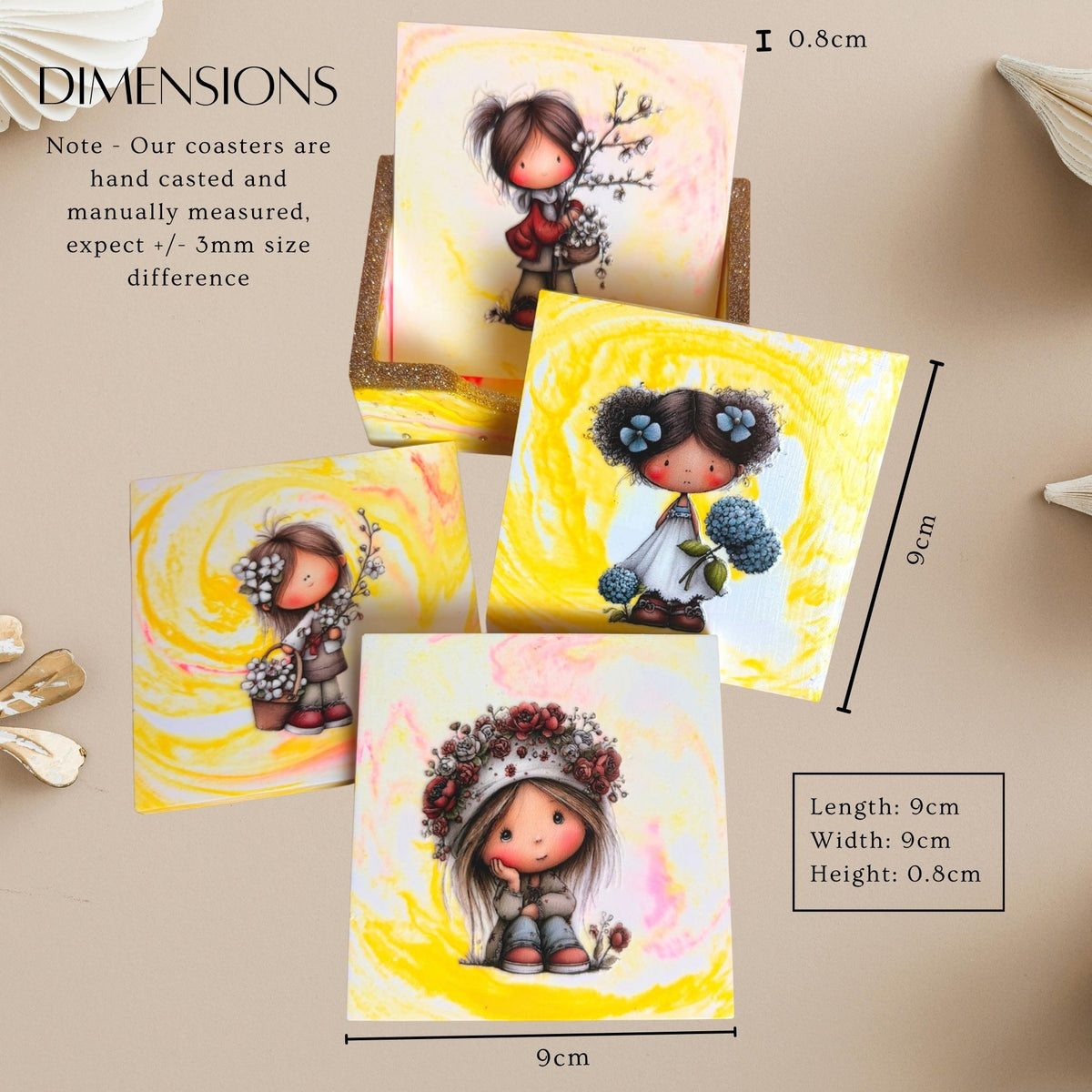 Little Moments handmade coaster set featuring illustrations of little girls and flowers. With dimensions of 9 × 9 × 0.8 cm.