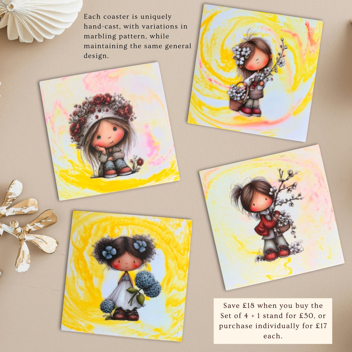 Little Moments handmade coaster set featuring illustrations of little girls and flowers.