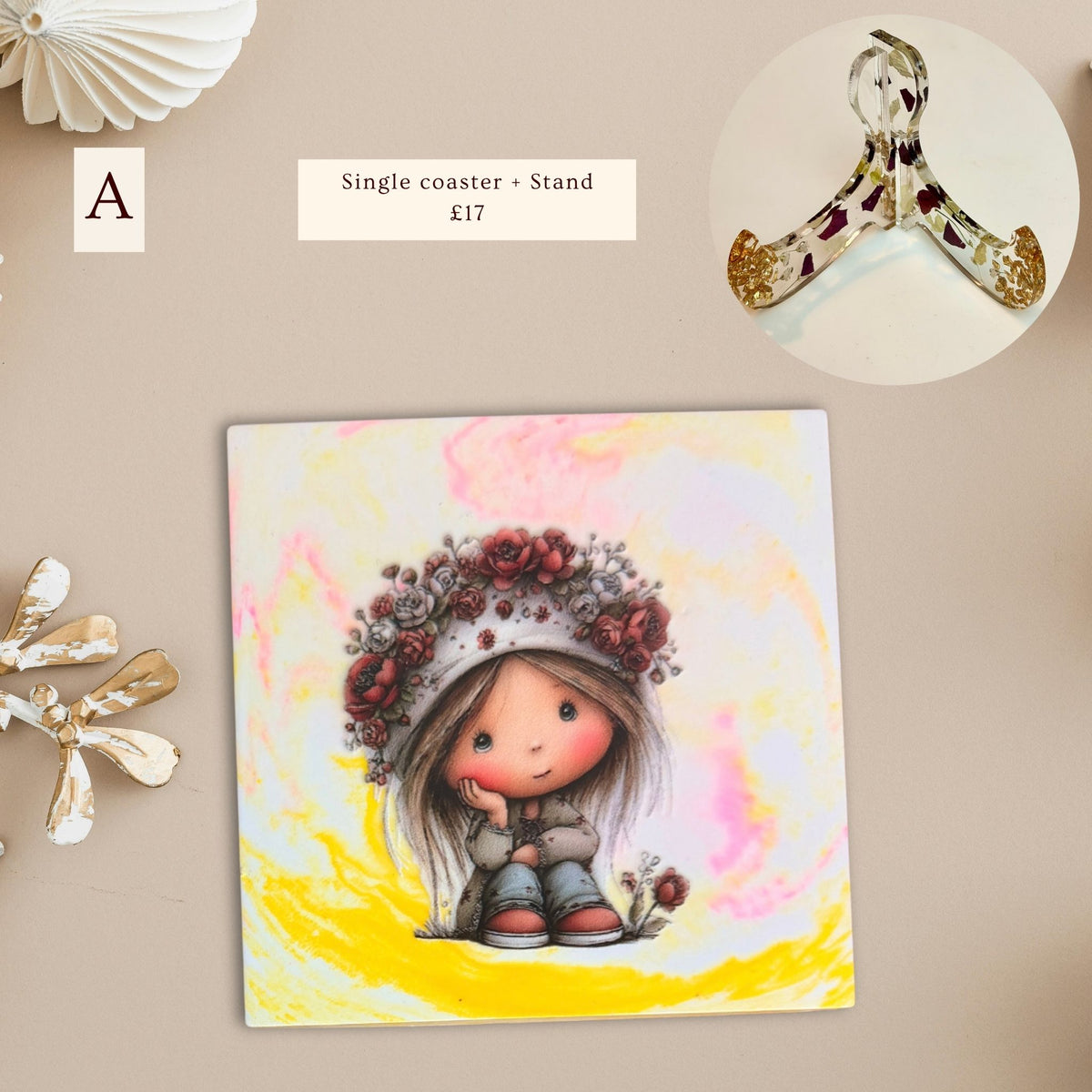 Little Moments eco-ceramic coaster featuring a little girl with flowers on her hat against a yellow, pink and white marble-effect background.