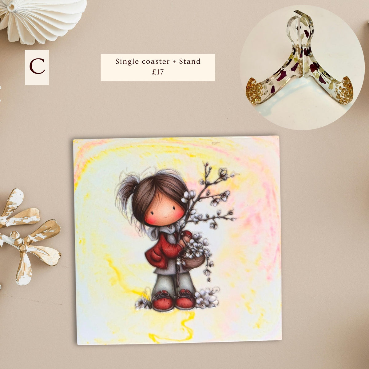 Little Moments eco-ceramic coaster featuring a little girl with dark hair holding flowers against a yellow and white marble-effect background.