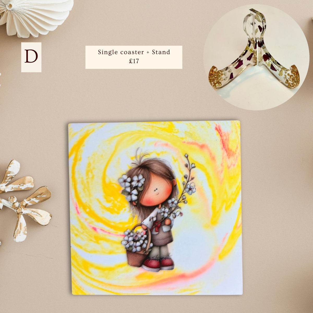 Little Moments eco-ceramic coaster featuring a little girl with dark hair holding flowers against a yellow and white marble-effect background.