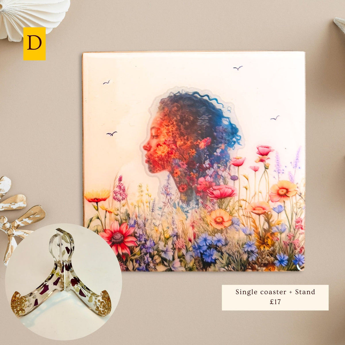 Nature Within Women & Flowers eco-ceramic coaster, Version D, featuring a woman's profile filled with colourful flowers against a white background.