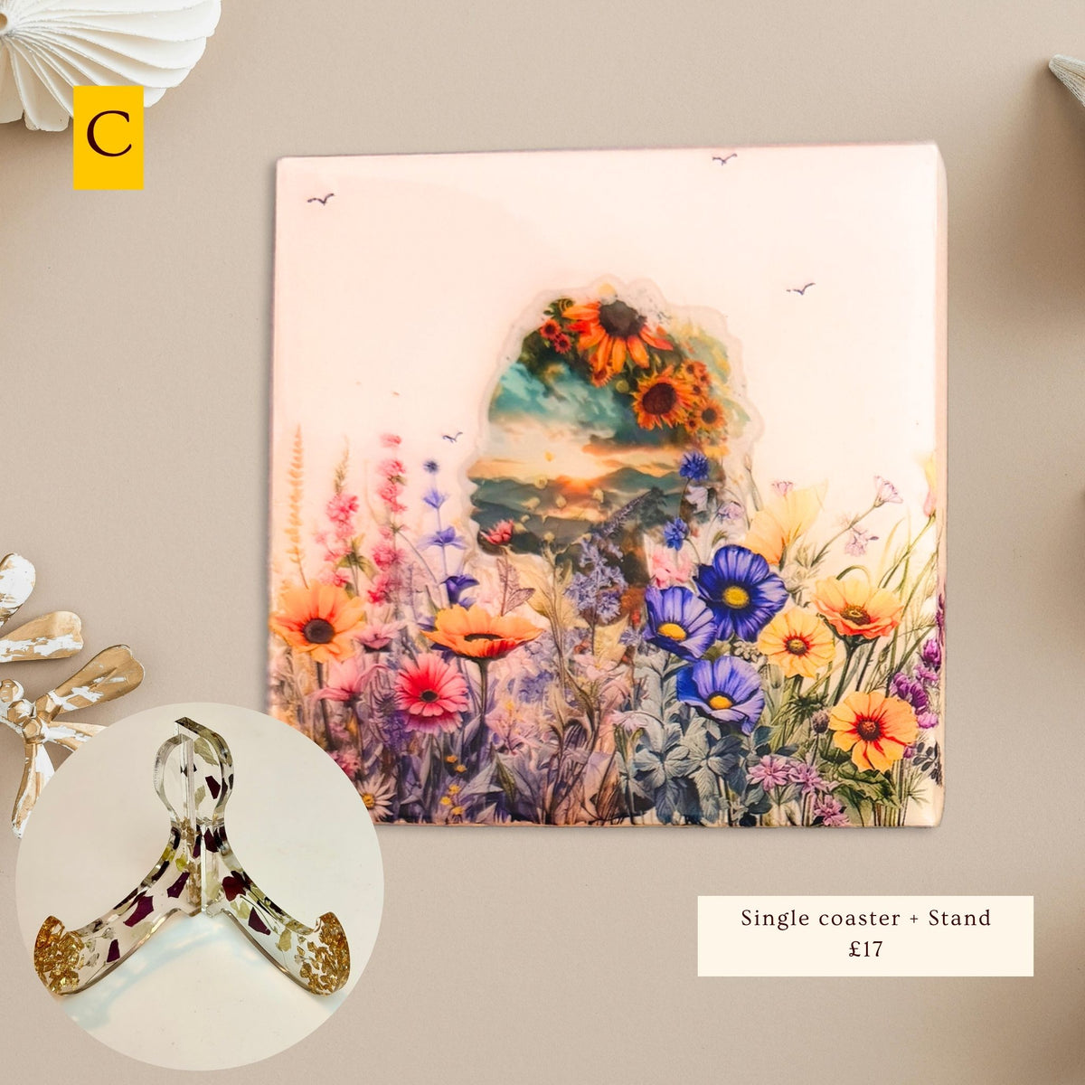 Nature Within Women & Flowers eco-ceramic coaster, Version C, featuring a woman's silhouette with a sunset landscape and colourful wildflowers.