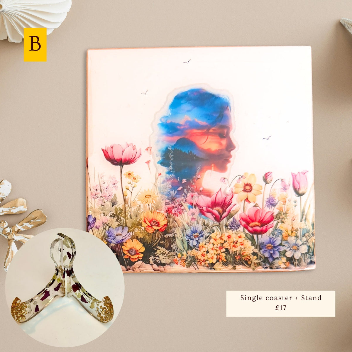 Nature Within Women & Flowers eco-ceramic coaster, Version B, featuring a woman's silhouette with nature-inspired artwork and floral illustrations.