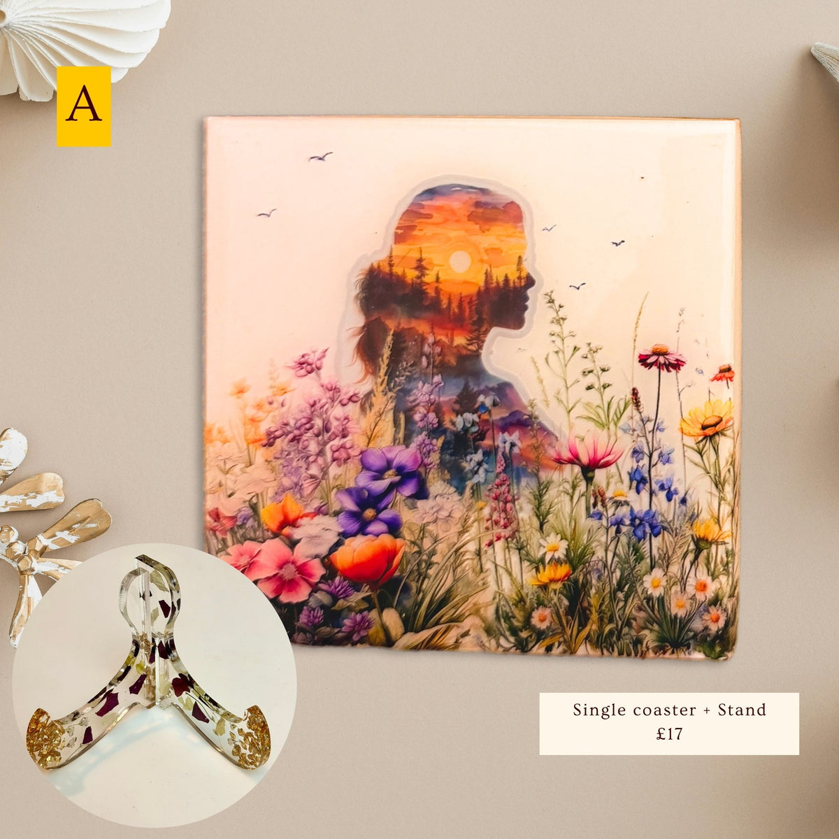 Nature Within Women & Flowers eco-ceramic coaster, Version A, featuring a woman's silhouette surrounded by colourful flowers.