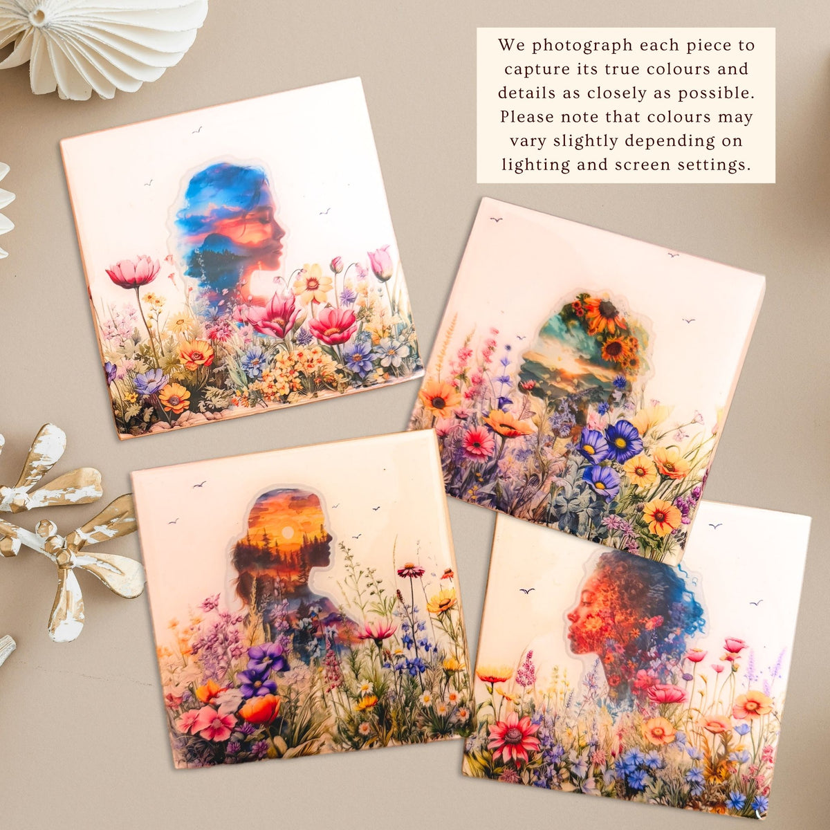 Four Nature Within eco-ceramic coasters featuring women's silhouettes filled with colourful landscapes, sunsets and flowers.