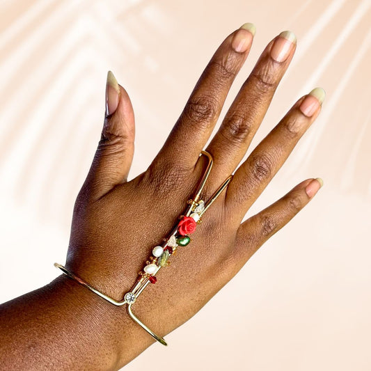 Rose and Freshwater Pearl Gold Ring Bracelet Cuff- Limited Edition