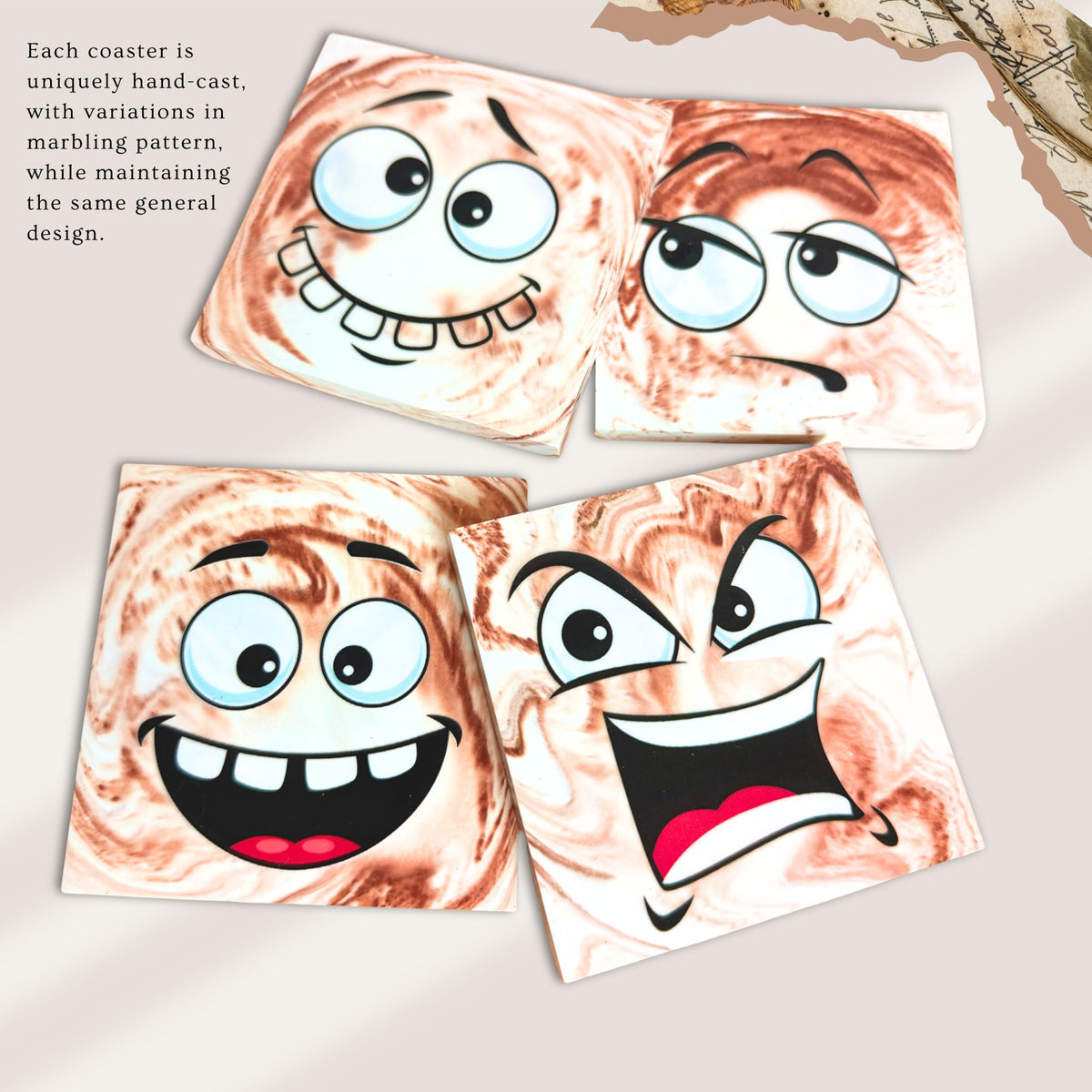 Four brown and cream marble effect coasters each with a fun expression. A playful wide-eyed face with a toothy grin,  an unimpressed side-eye expression, a cheerful cartoon face with wide eyes and an open smile, and a raised eyebrows, wide eyes and an exaggerated open-mouth expression.