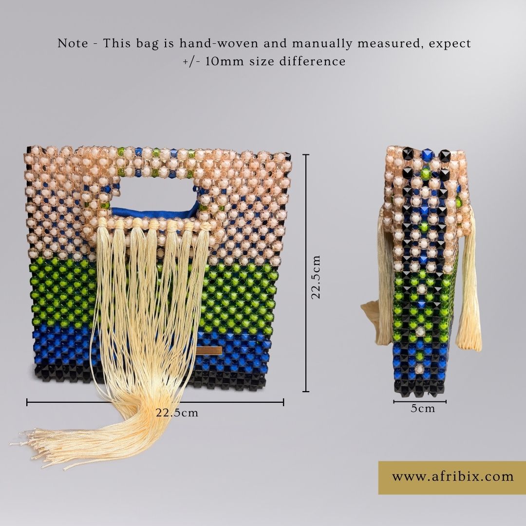 Handmade blue, green and black beaded clutch bag with ivory tassels dimensions