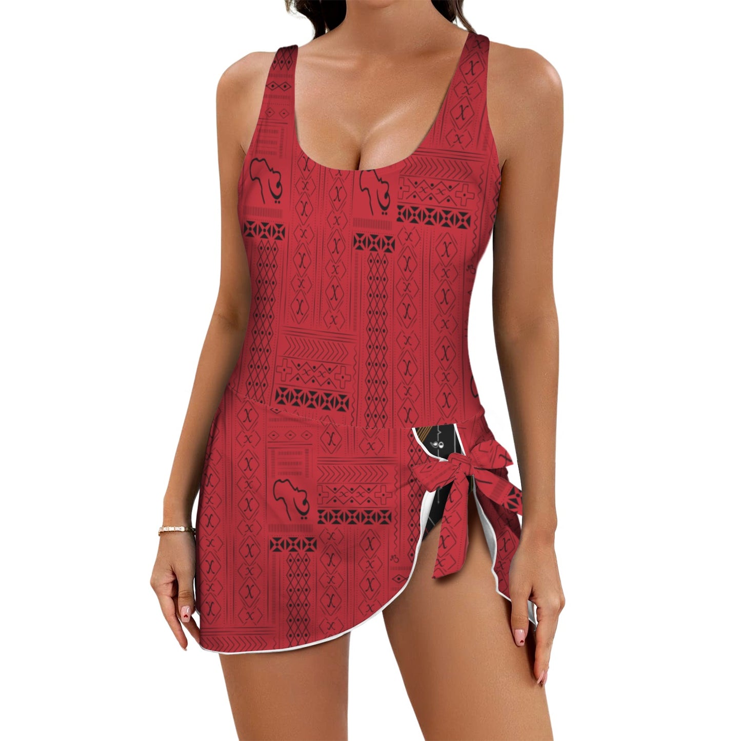 Red Tribal Print One Piece Women's Skirt Swimsuit