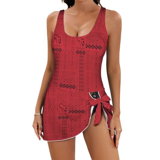 Red Tribal Print One Piece Women's Skirt Swimsuit