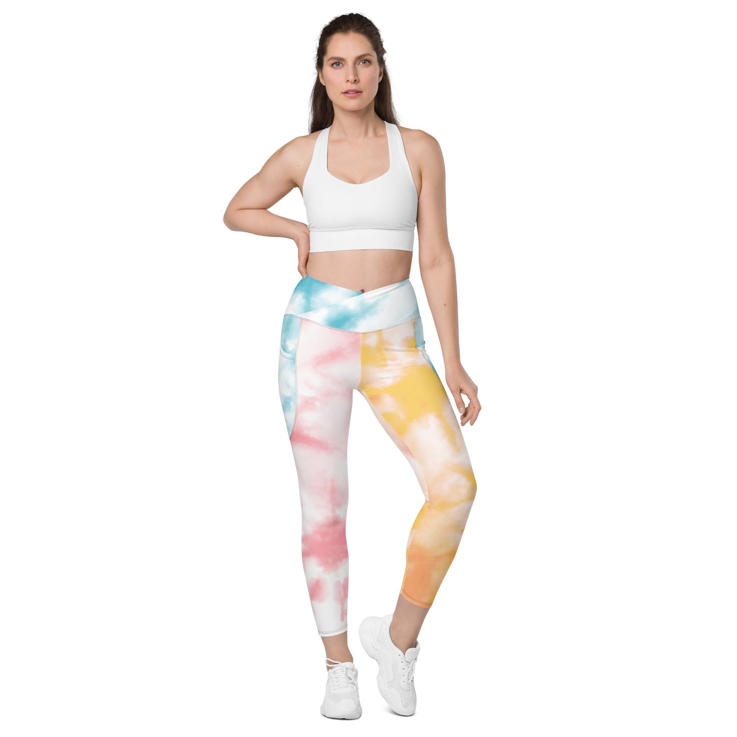 Tie and Dye High-waist Crossover leggings with pockets - Blue and Yellow