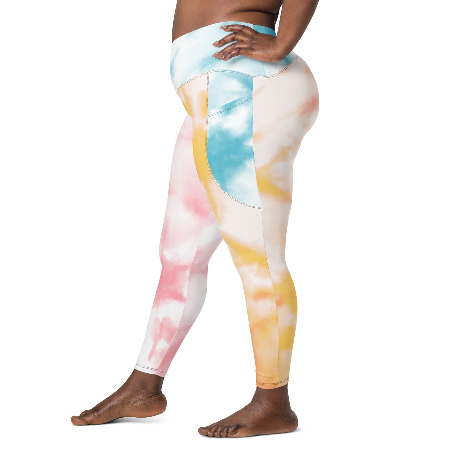 Tie and Dye High-waist Crossover leggings with pockets - Blue and Yellow