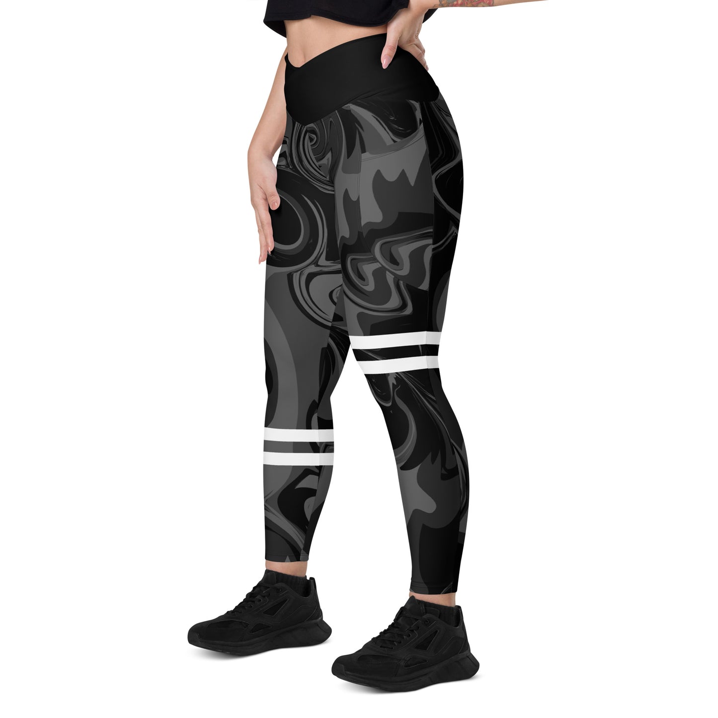 Black Marble Print High Waist Crossover leggings with pockets