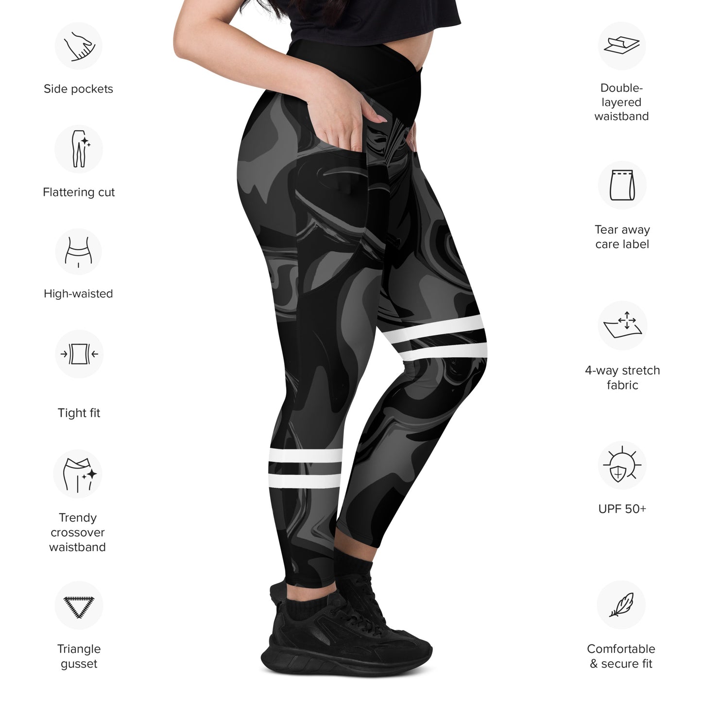 Black Marble Print High Waist Crossover leggings with pockets