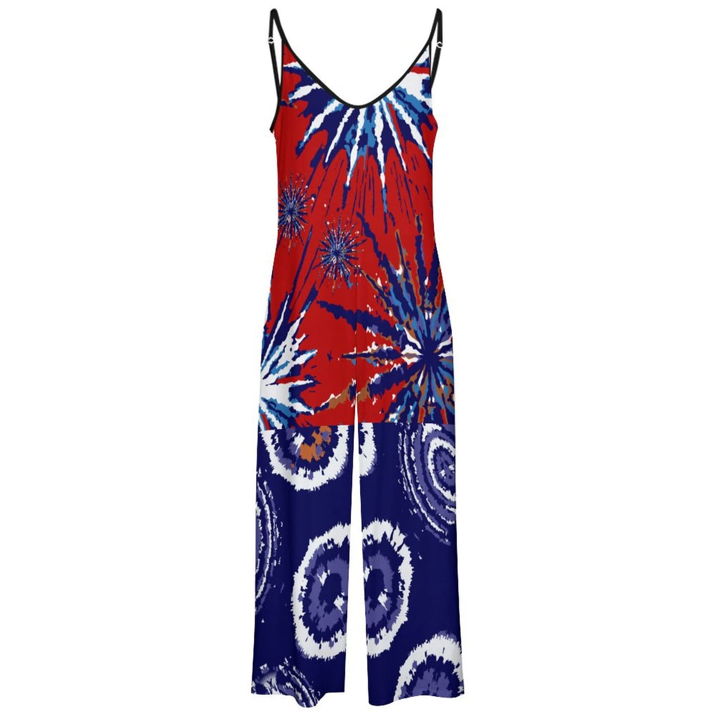 Red and Blue Tie and Dye Suspender Jumpsuit